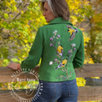 Bethanne Nemesh, modeling her yarn couching jacket